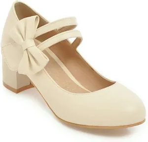Women Double Strap Round Toe Mary Janes Sweet Bow Chunky Mid Heel Comfort Wedding Dress Pumps Shoes