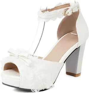 Women Fashion Little Bownot Lace D'Orsay Lolita Princess Single Shoes High Heels Ankle Strap Peep Toe Maid Mary Jane Pumps