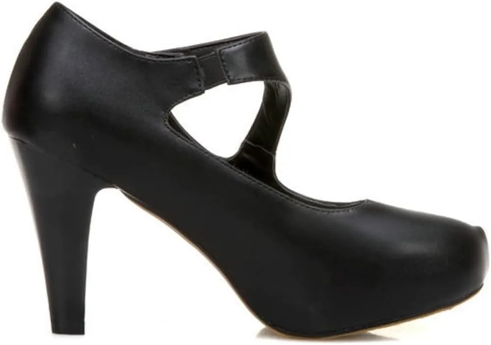 Women Fashion Platform High Heel Dress Shoes Cut Out Hook Loop Leather Casual Round Toe Party Pumps
