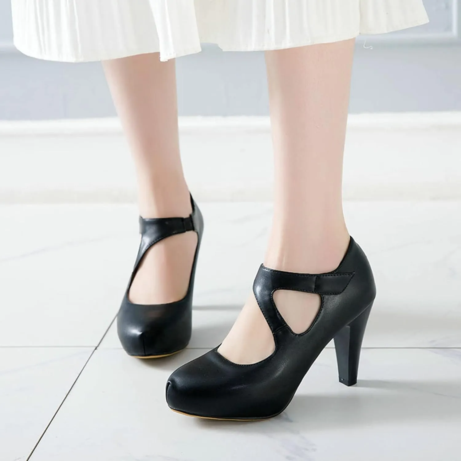 Women Fashion Platform High Heel Dress Shoes Cut Out Hook Loop Leather Casual Round Toe Party Pumps