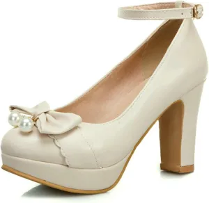 Women Fashion Round Toe Pumps Platform High Heels Ankle Buckle Strap Chunky Heeled Bow Dress Shoes