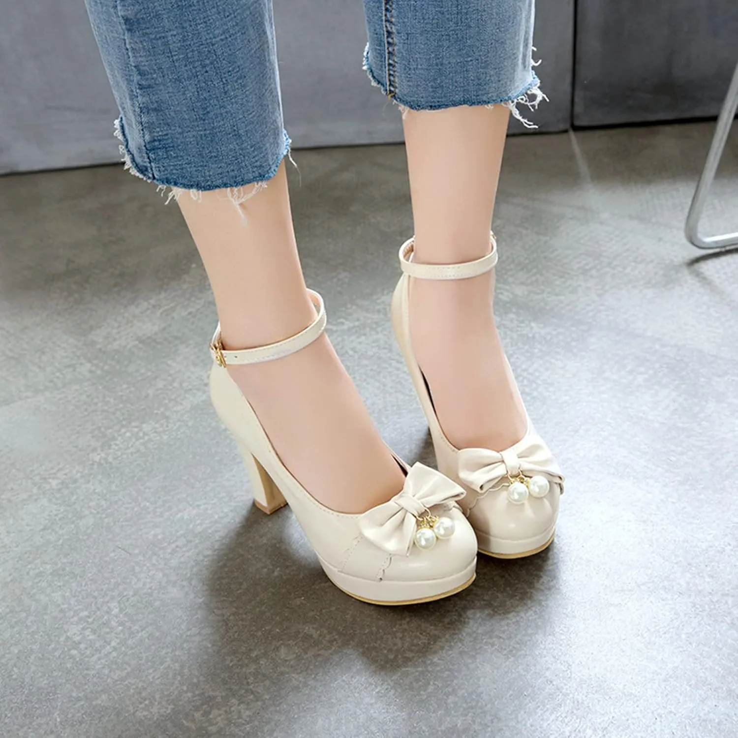 Women Fashion Round Toe Pumps Platform High Heels Ankle Buckle Strap Chunky Heeled Bow Dress Shoes