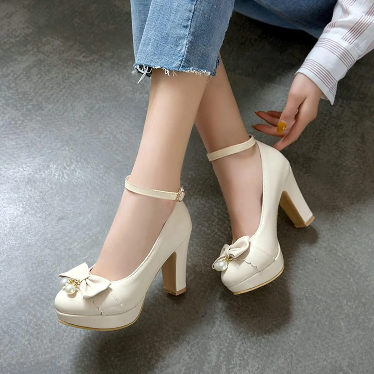 Women Fashion Round Toe Pumps Platform High Heels Ankle Buckle Strap Chunky Heeled Bow Dress Shoes