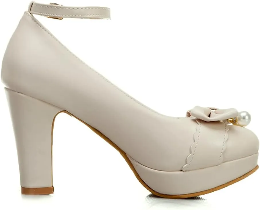 Women Fashion Round Toe Pumps Platform High Heels Ankle Buckle Strap Chunky Heeled Bow Dress Shoes