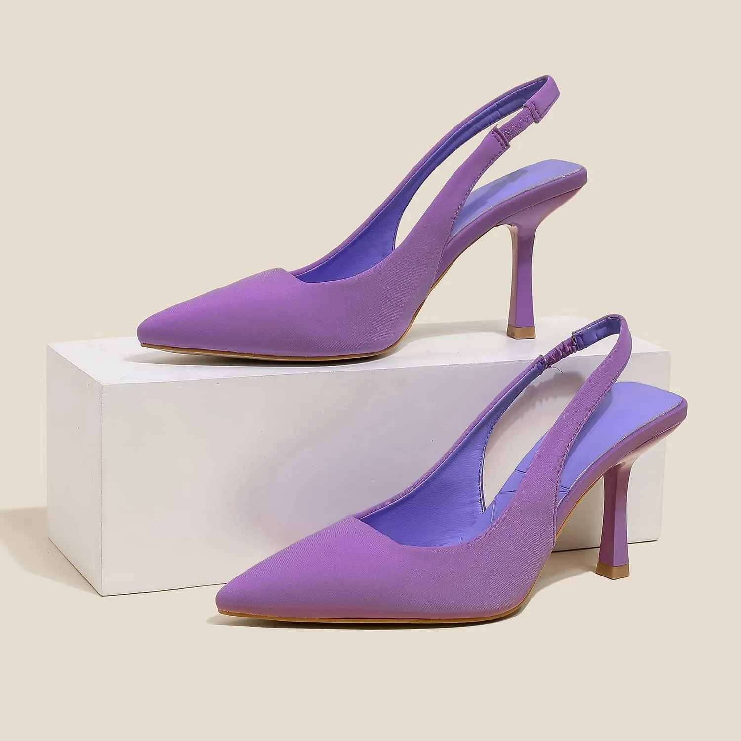 Women High-Heel Fabric Slingback Pumps Kitten Heel Pointed Toe Slip-On Back Strap Sandals Mules Court Shoes