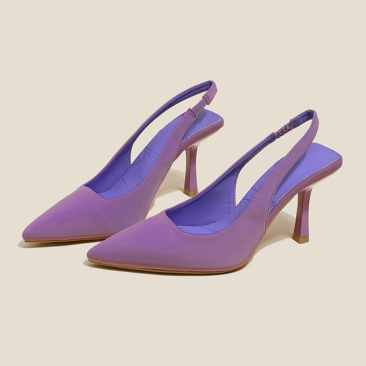Women High-Heel Fabric Slingback Pumps Kitten Heel Pointed Toe Slip-On Back Strap Sandals Mules Court Shoes