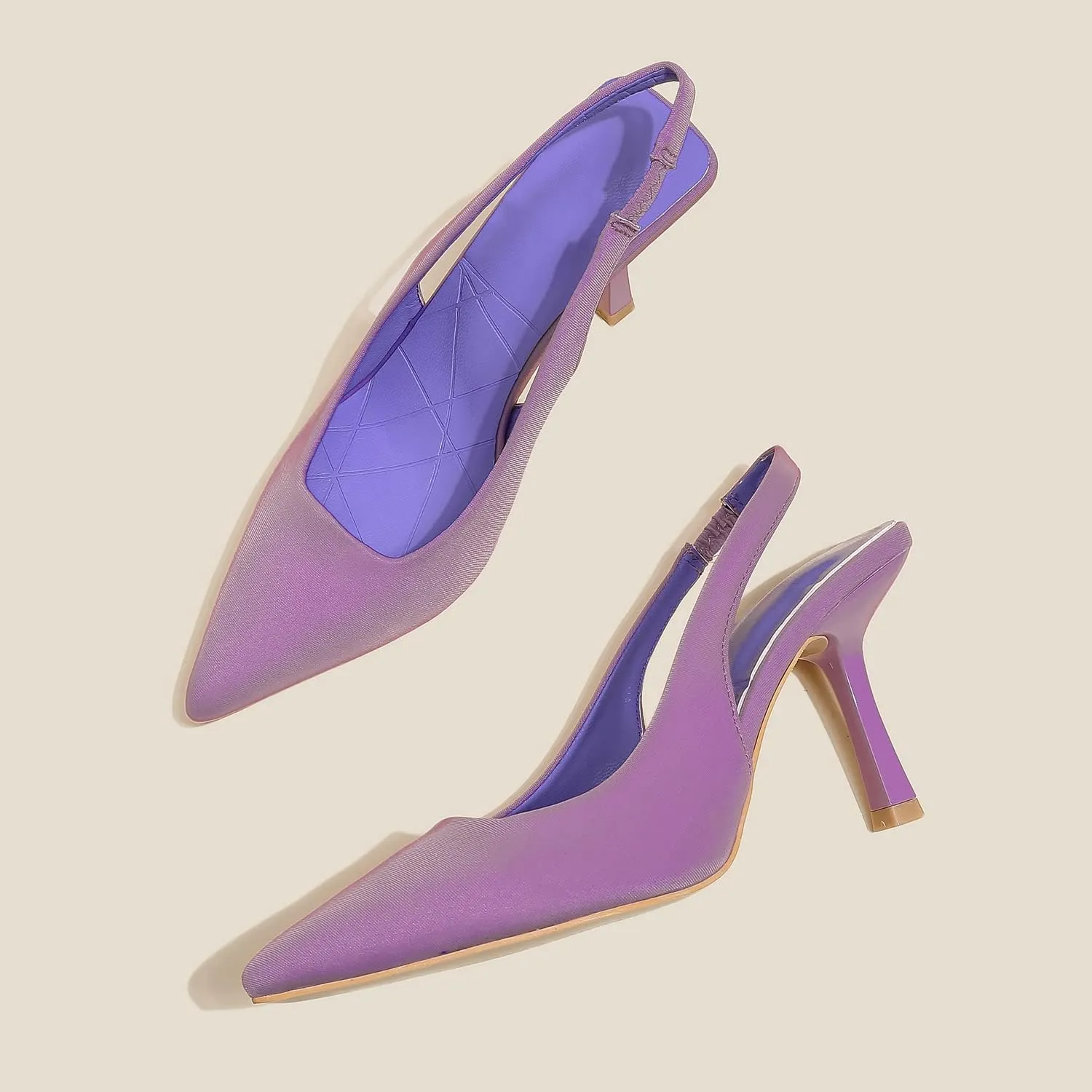 Women High-Heel Fabric Slingback Pumps Kitten Heel Pointed Toe Slip-On Back Strap Sandals Mules Court Shoes