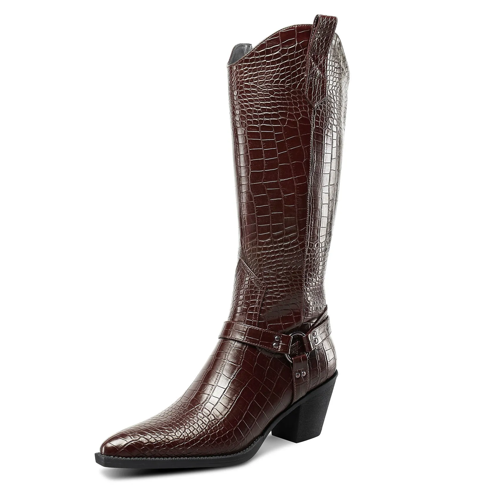 Women Ladies Cowboy Boots for Women Western Cowgirl Boots Embroidered Pointed Toe Mid Calf Boots with Chunky Block Heel 6CM Heels