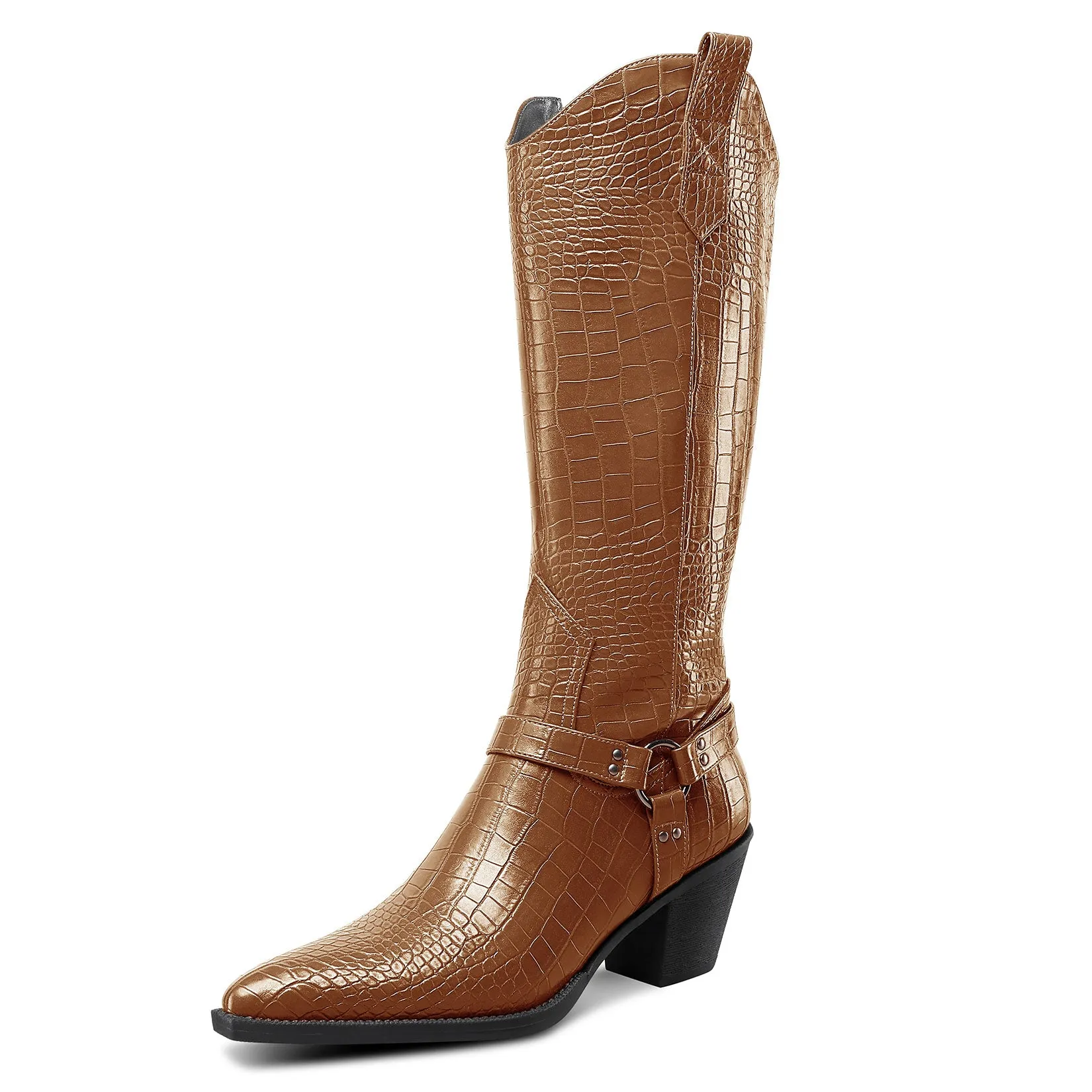 Women Ladies Cowboy Boots for Women Western Cowgirl Boots Embroidered Pointed Toe Mid Calf Boots with Chunky Block Heel 6CM Heels