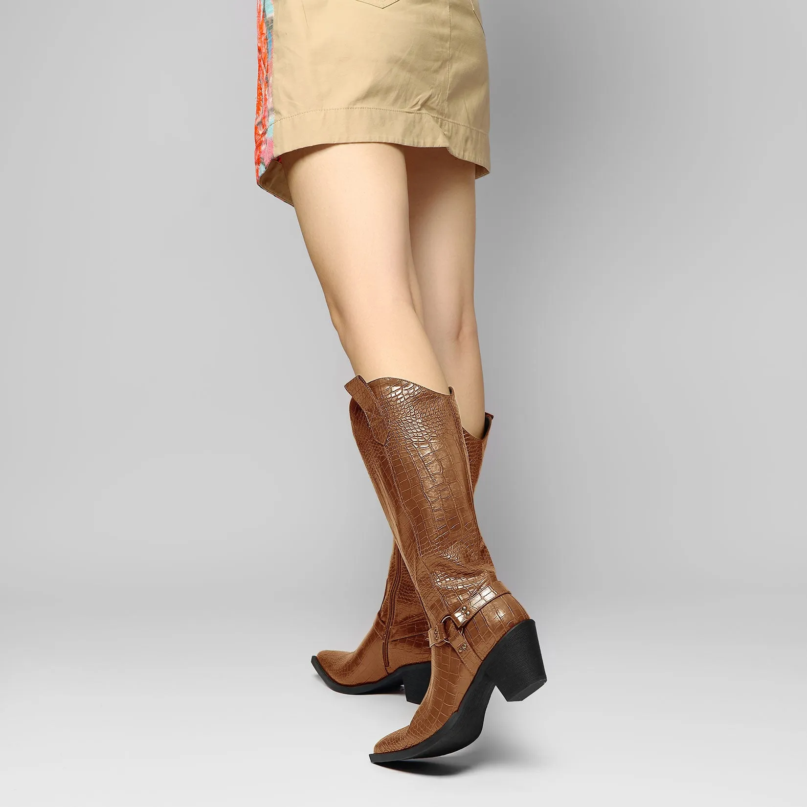 Women Ladies Cowboy Boots for Women Western Cowgirl Boots Embroidered Pointed Toe Mid Calf Boots with Chunky Block Heel 6CM Heels