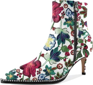 Women Low Heel Boots Pointed Toe with Beaded Short Boot Zipper Kitten Heel Booties 2.5 Inch