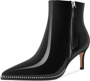Women Low Heel Boots Pointed Toe with Beaded Short Boot Zipper Kitten Heel Booties 2.5 Inch
