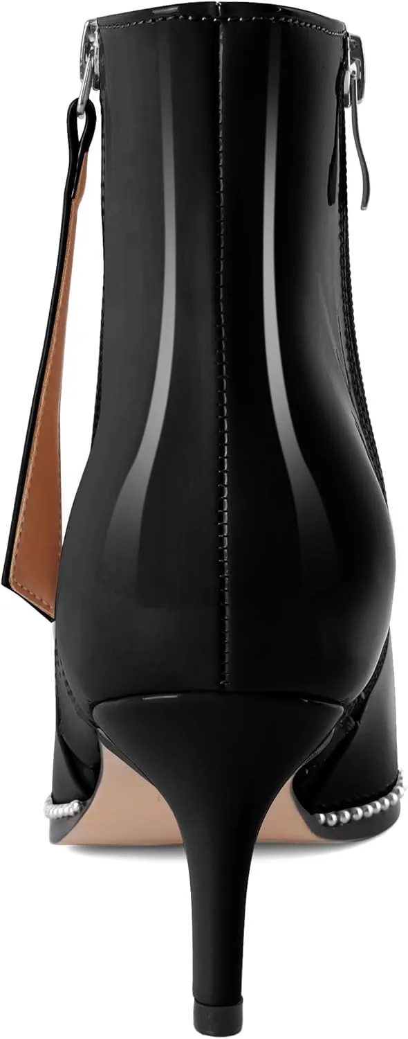 Women Low Heel Boots Pointed Toe with Beaded Short Boot Zipper Kitten Heel Booties 2.5 Inch