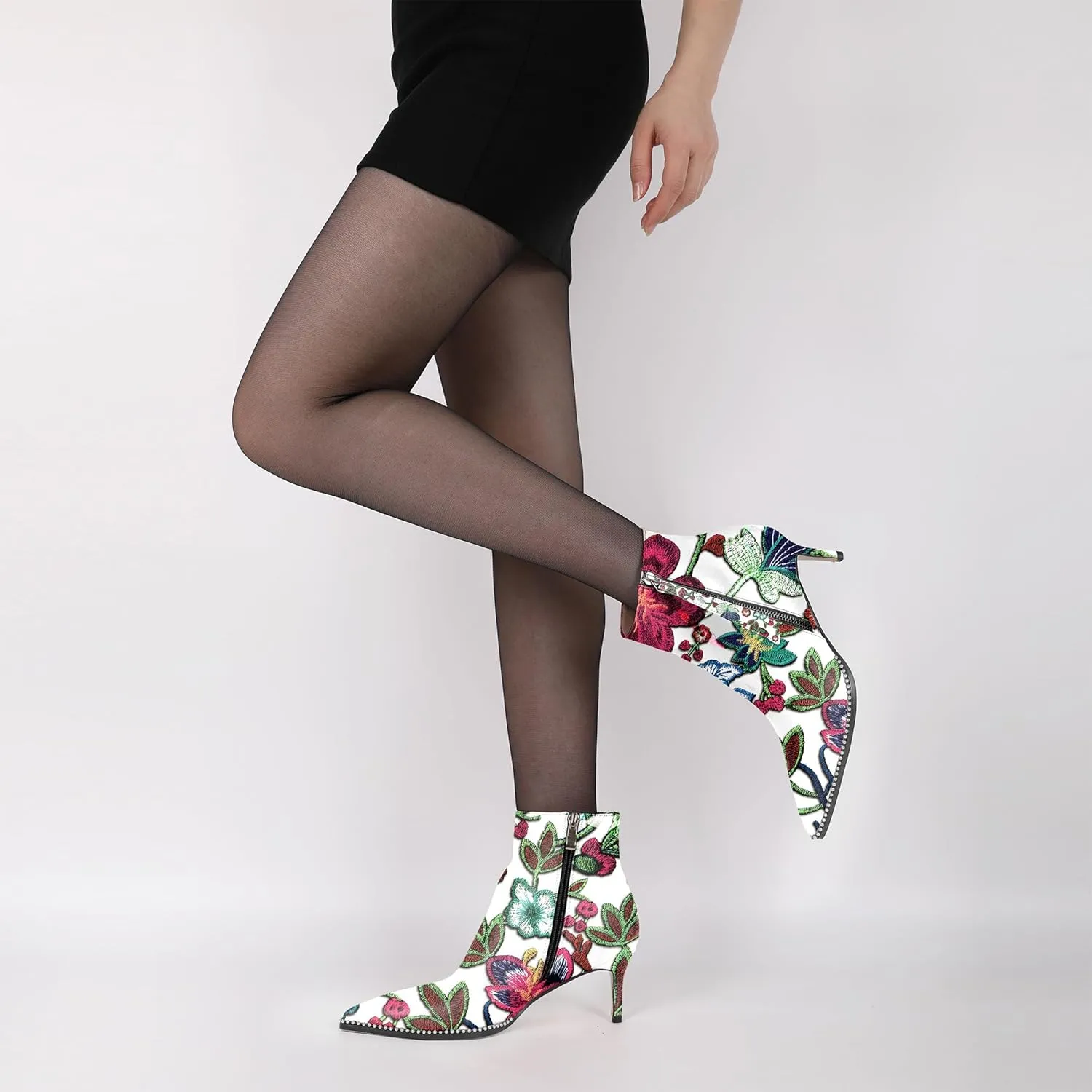 Women Low Heel Boots Pointed Toe with Beaded Short Boot Zipper Kitten Heel Booties 2.5 Inch