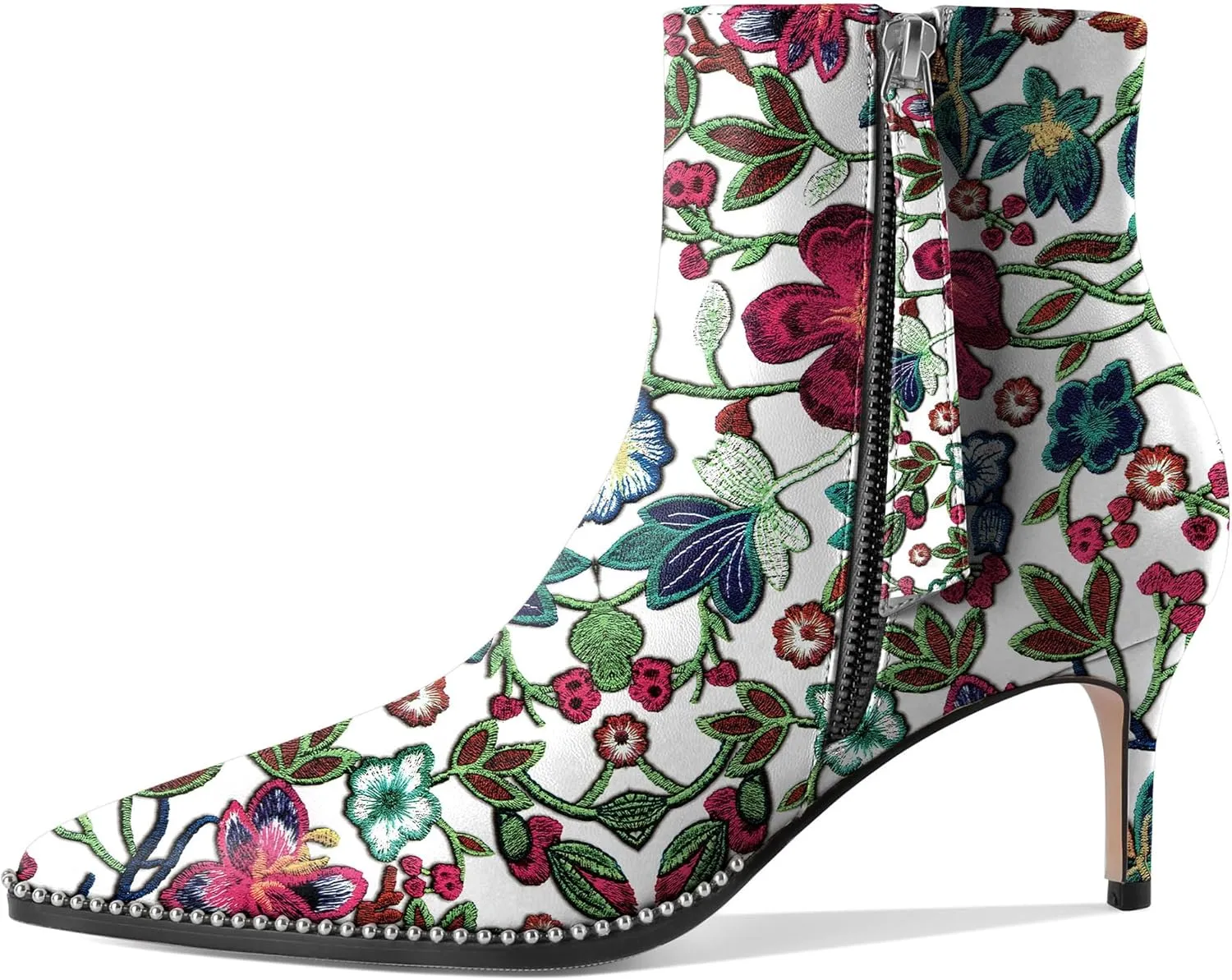 Women Low Heel Boots Pointed Toe with Beaded Short Boot Zipper Kitten Heel Booties 2.5 Inch