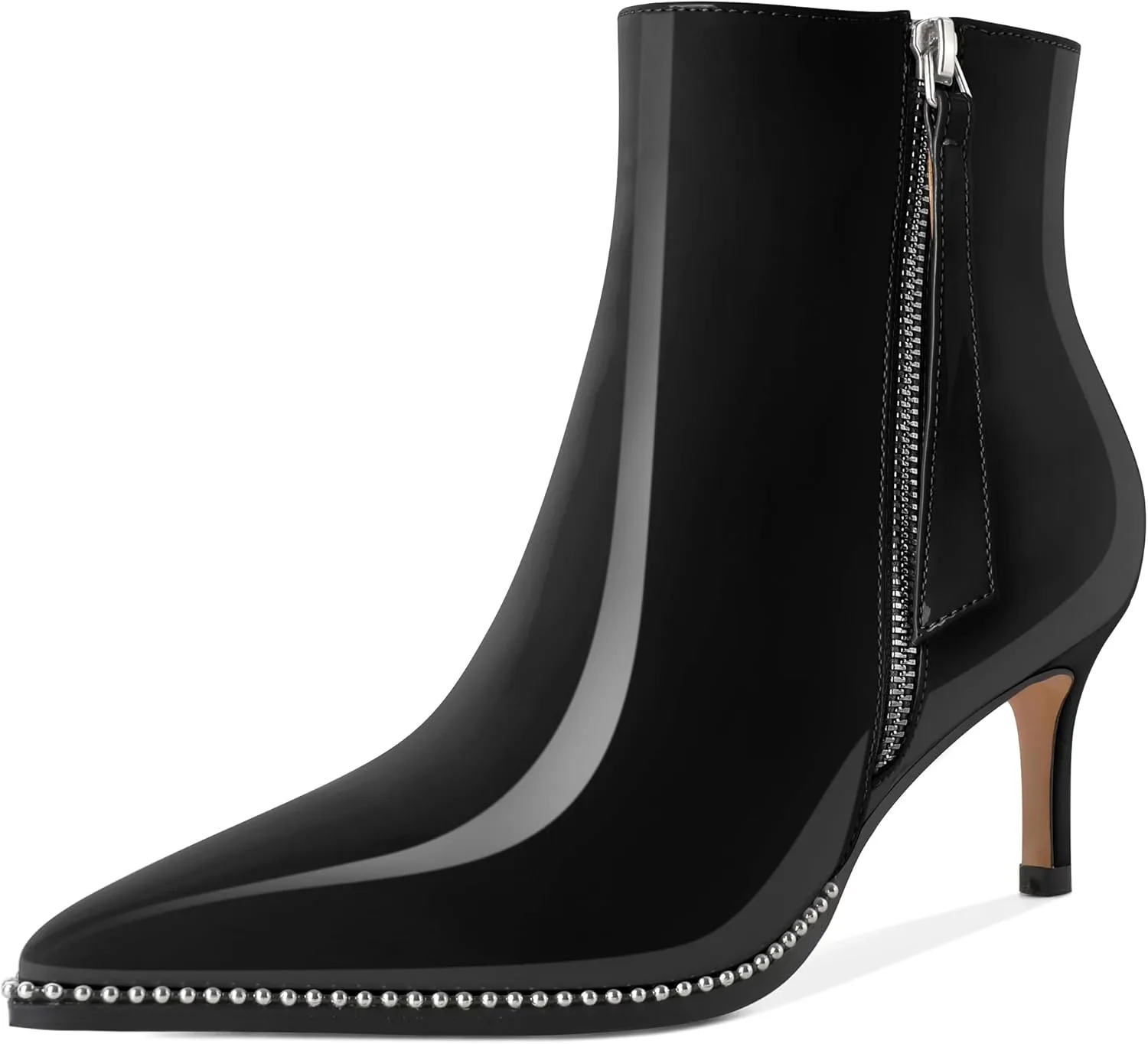 Women Low Heel Boots Pointed Toe with Beaded Short Boot Zipper Kitten Heel Booties 2.5 Inch
