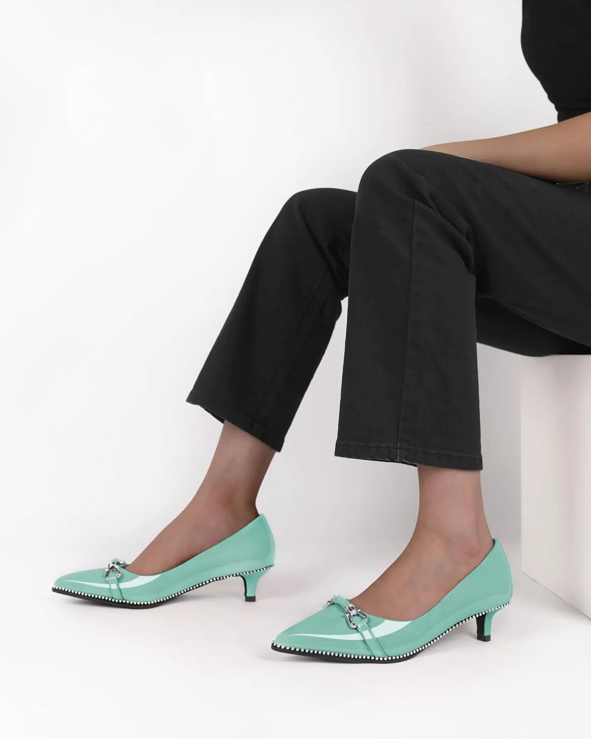 Women Low Heels Kitten Heel Pumps Ladies Beaded Pump Closed Pointd Toe Buckle Bow Shoes Slip On Office Wedding Work Evening 1.5 Inch Heel