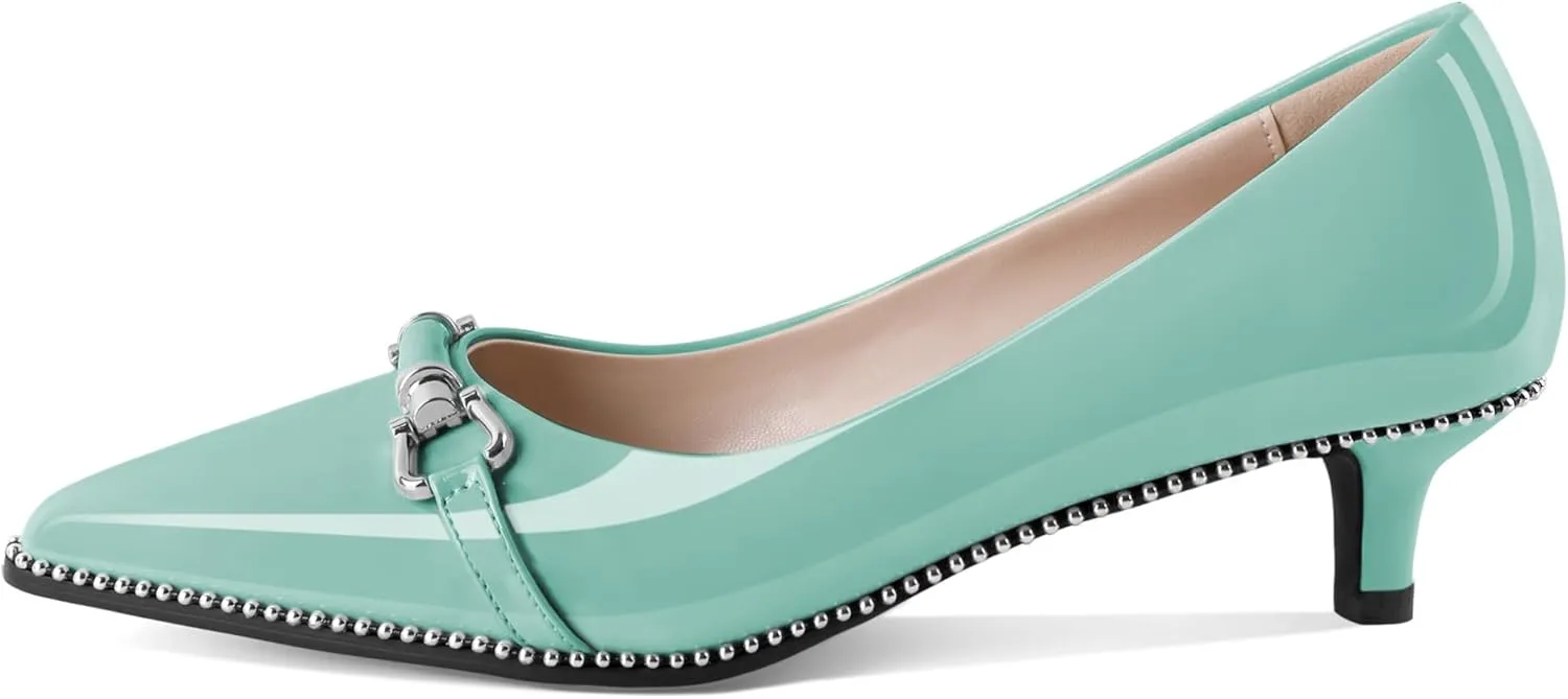 Women Low Heels Kitten Heel Pumps Ladies Beaded Pump Closed Pointd Toe Buckle Bow Shoes Slip On Office Wedding Work Evening 1.5 Inch Heel