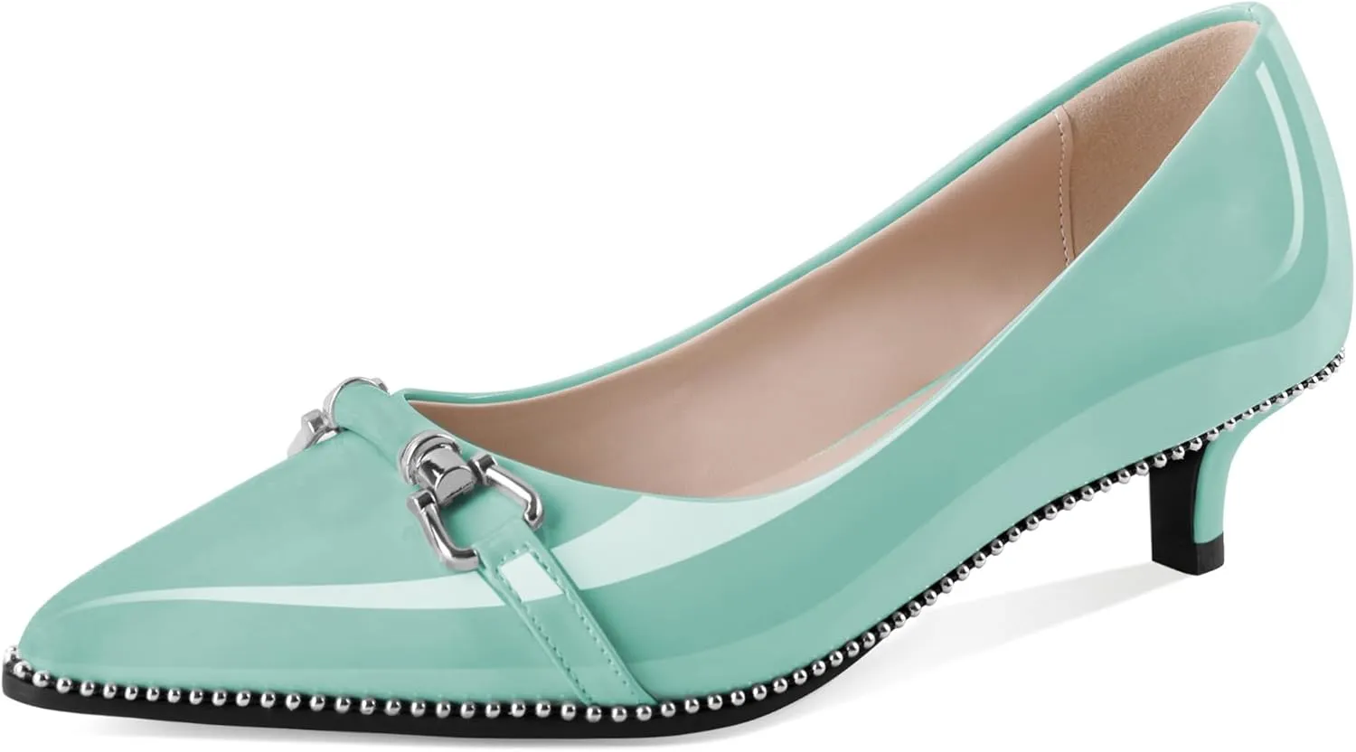 Women Low Heels Kitten Heel Pumps Ladies Beaded Pump Closed Pointd Toe Buckle Bow Shoes Slip On Office Wedding Work Evening 1.5 Inch Heel