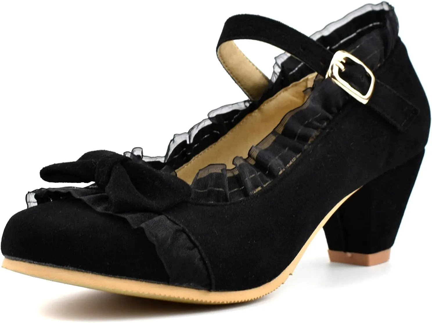 Women Mary Janes Cute Lolita Shoes Ladies Ankle Strap Bow Lace Round Toe Block Mid Heel Dress Pumps