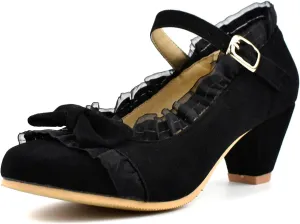 Women Mary Janes Cute Lolita Shoes Ladies Ankle Strap Bow Lace Round Toe Block Mid Heel Dress Pumps
