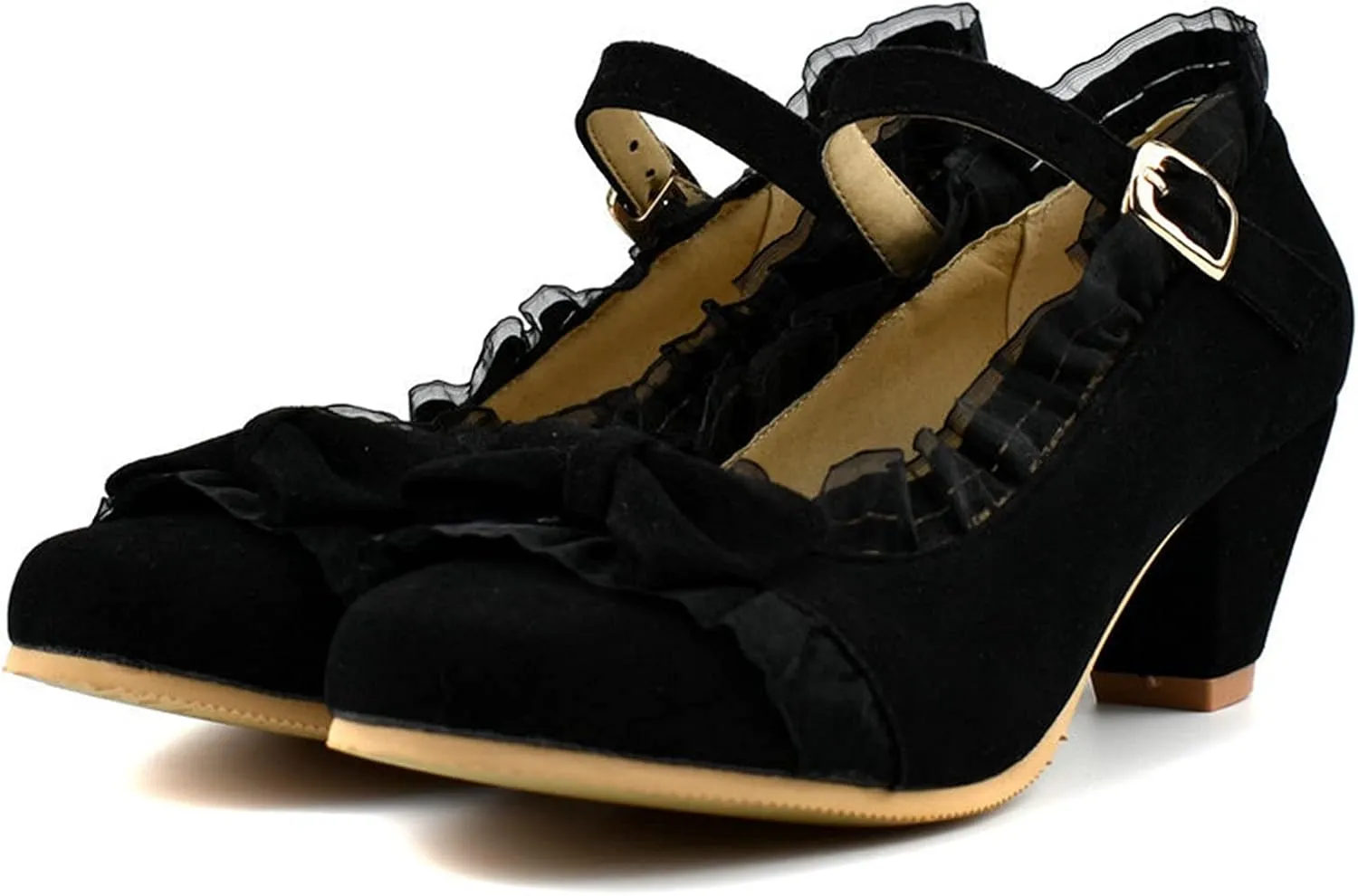 Women Mary Janes Cute Lolita Shoes Ladies Ankle Strap Bow Lace Round Toe Block Mid Heel Dress Pumps