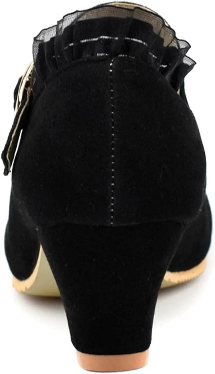 Women Mary Janes Cute Lolita Shoes Ladies Ankle Strap Bow Lace Round Toe Block Mid Heel Dress Pumps