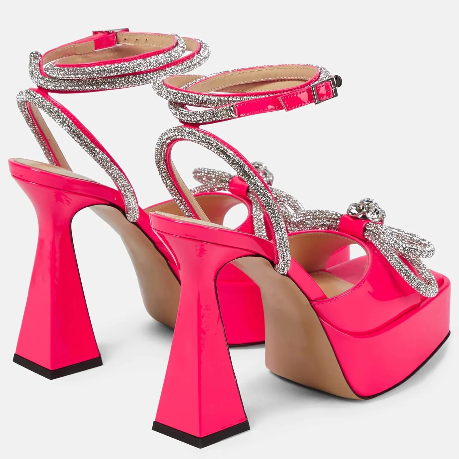 Women Platform Pumps Rhinestone Double Bow Chunky Heeled Sandals Crystal Embellished Ankle Strap Buckle Shoes Satin Pointed Toe Pumps Tapered Block Heel Dress Shoes for Women