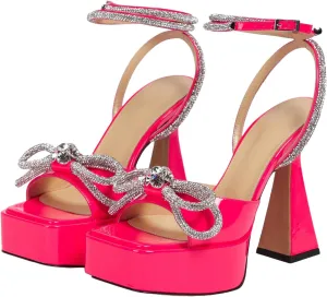 Women Platform Pumps Rhinestone Double Bow Chunky Heeled Sandals Crystal Embellished Ankle Strap Buckle Shoes Satin Pointed Toe Pumps Tapered Block Heel Dress Shoes for Women