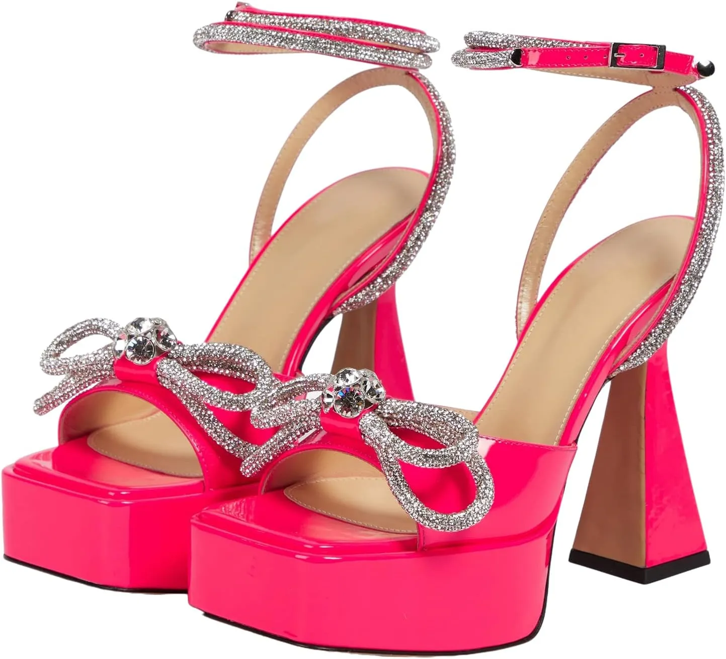Women Platform Pumps Rhinestone Double Bow Chunky Heeled Sandals Crystal Embellished Ankle Strap Buckle Shoes Satin Pointed Toe Pumps Tapered Block Heel Dress Shoes for Women