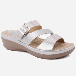 Women "BRIANNA" Open Toe Glossy Tri Strap Metallic Buckled Comfort Slippers