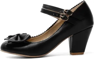 Women Retro Lolita Round Toe Mary Jane Pumps Double Ankle Strap Sweet Bow Chunky High Heel Dress Shoes