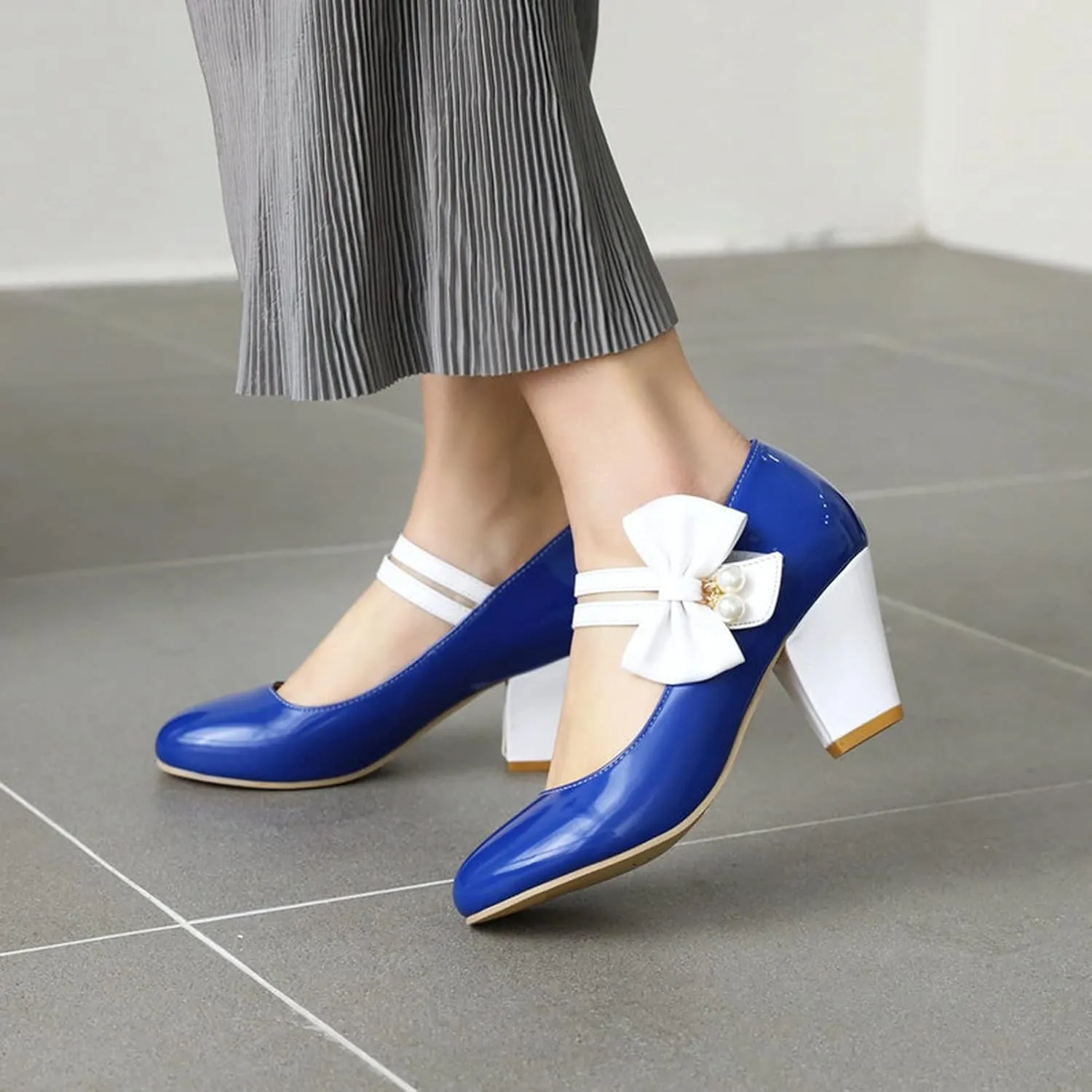 Women Round Toe Mary Jane Pumps Ankle Strap Sweet Bow Patchwork Elegant Chunky High Heel Dress Shoes