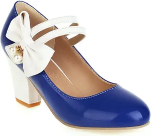 Women Round Toe Mary Jane Pumps Ankle Strap Sweet Bow Patchwork Elegant Chunky High Heel Dress Shoes