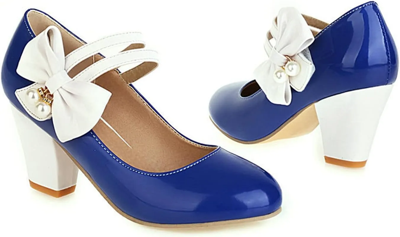 Women Round Toe Mary Jane Pumps Ankle Strap Sweet Bow Patchwork Elegant Chunky High Heel Dress Shoes