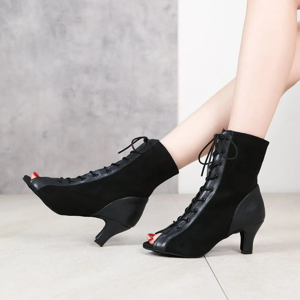 Women Suede Ballroom Dance Boots Latin Salsa Dress Shoes Practice Footwear 2.5inch 3.5inch Heels YT22