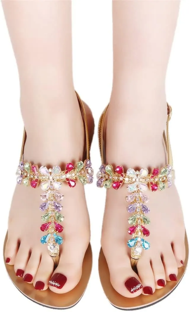Women Summer Shining Crystal T-Strap Thong Sandals Low Heel Beach Bohemian Diamond Slippers