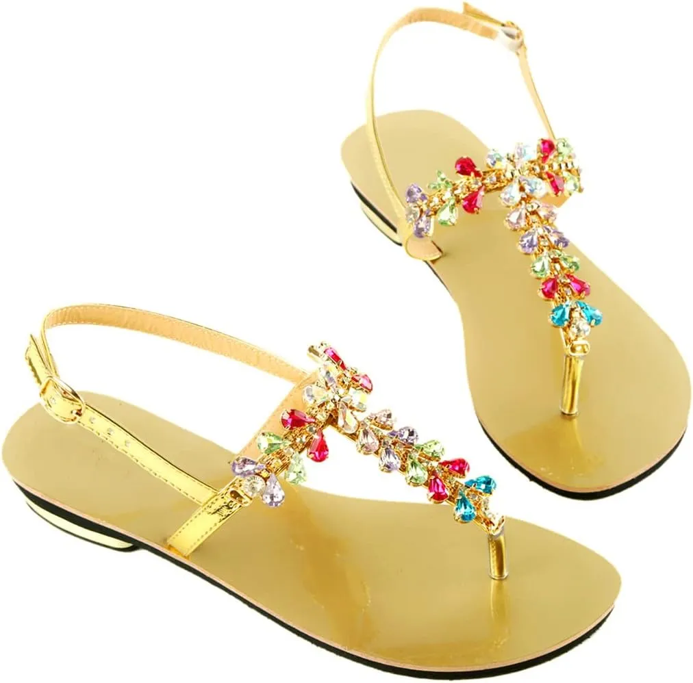 Women Summer Shining Crystal T-Strap Thong Sandals Low Heel Beach Bohemian Diamond Slippers
