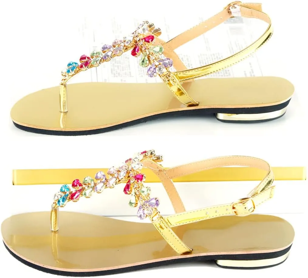 Women Summer Shining Crystal T-Strap Thong Sandals Low Heel Beach Bohemian Diamond Slippers