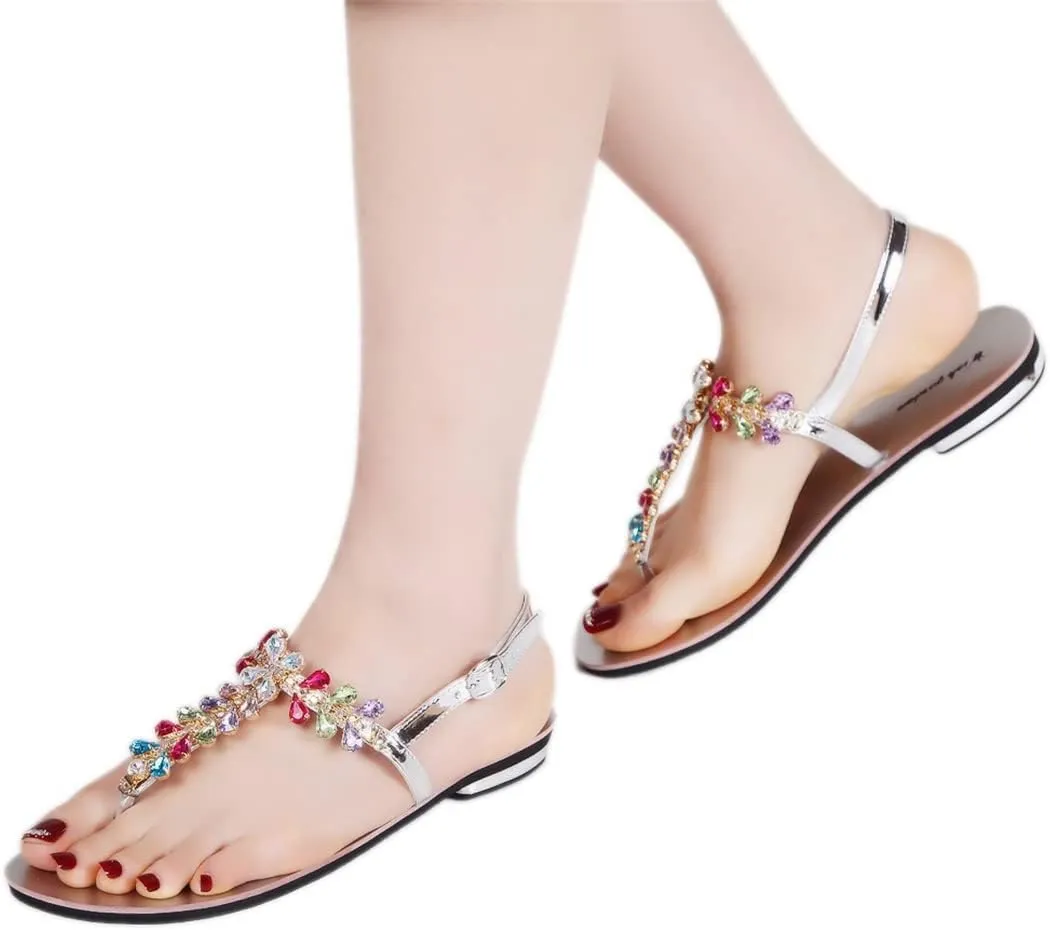 Women Summer Shining Crystal T-Strap Thong Sandals Low Heel Beach Bohemian Diamond Slippers