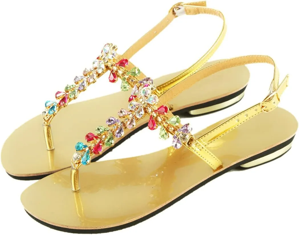 Women Summer Shining Crystal T-Strap Thong Sandals Low Heel Beach Bohemian Diamond Slippers