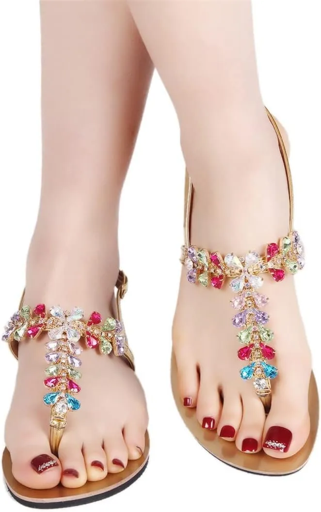 Women Summer Shining Crystal T-Strap Thong Sandals Low Heel Beach Bohemian Diamond Slippers