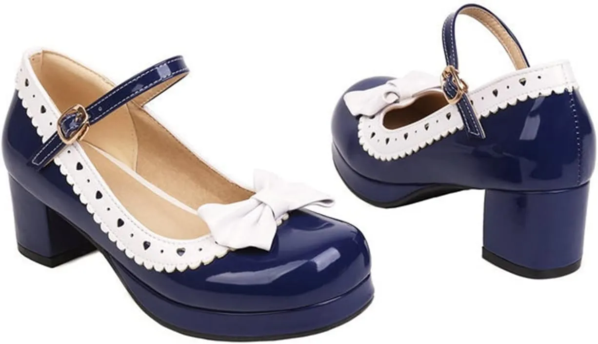 Women Sweet Bow Mary Jane Round Toe Pumps Ankle Strap Platform Chunky Mid Heel Dress Lolita Shoes