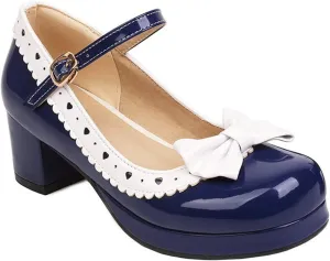 Women Sweet Bow Mary Jane Round Toe Pumps Ankle Strap Platform Chunky Mid Heel Dress Lolita Shoes