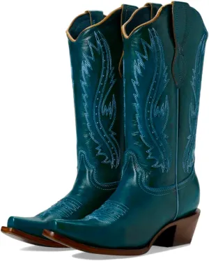 Women Vintage Embroidered Cowboy Boots Knee High Western Boots Chunky Stacked Heel Square Pointed Toe Mid Calf Cowgirl Boots Metallic Matte Pull On V Cut Fall Boot Exotic 4-11 M US