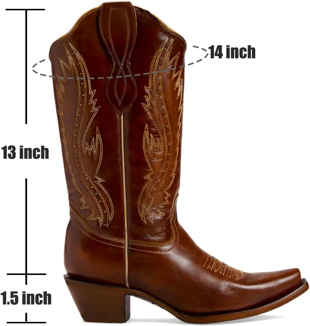 Women Vintage Embroidered Cowboy Boots Knee High Western Boots Chunky Stacked Heel Square Pointed Toe Mid Calf Cowgirl Boots Metallic Matte Pull On V Cut Fall Boot Exotic 4-11 M US
