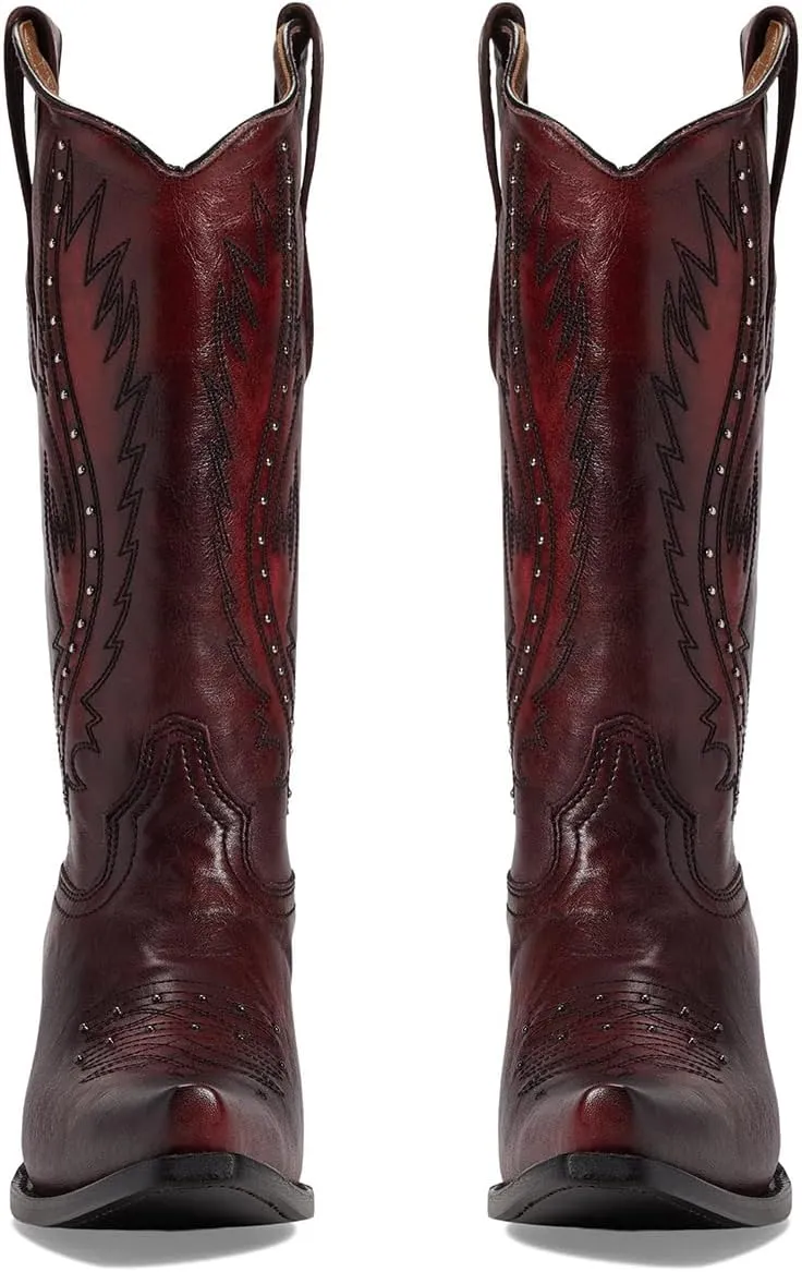 Women Vintage Embroidered Cowboy Boots Knee High Western Boots Chunky Stacked Heel Square Pointed Toe Mid Calf Cowgirl Boots Metallic Matte Pull On V Cut Fall Boot Exotic 4-11 M US