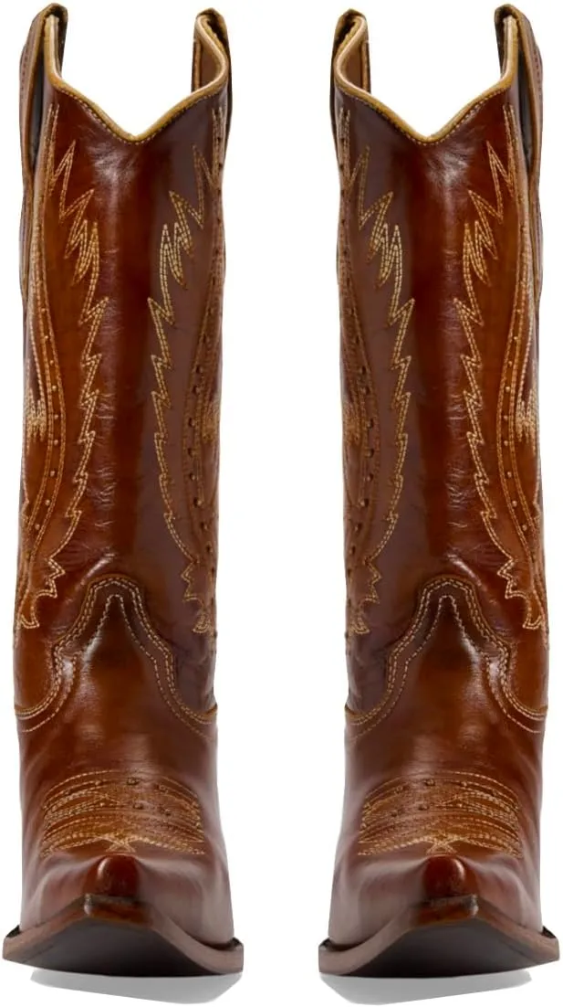 Women Vintage Embroidered Cowboy Boots Knee High Western Boots Chunky Stacked Heel Square Pointed Toe Mid Calf Cowgirl Boots Metallic Matte Pull On V Cut Fall Boot Exotic 4-11 M US
