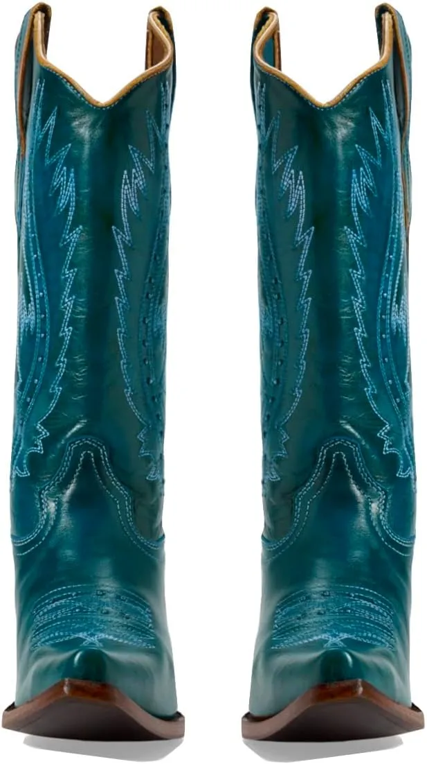 Women Vintage Embroidered Cowboy Boots Knee High Western Boots Chunky Stacked Heel Square Pointed Toe Mid Calf Cowgirl Boots Metallic Matte Pull On V Cut Fall Boot Exotic 4-11 M US