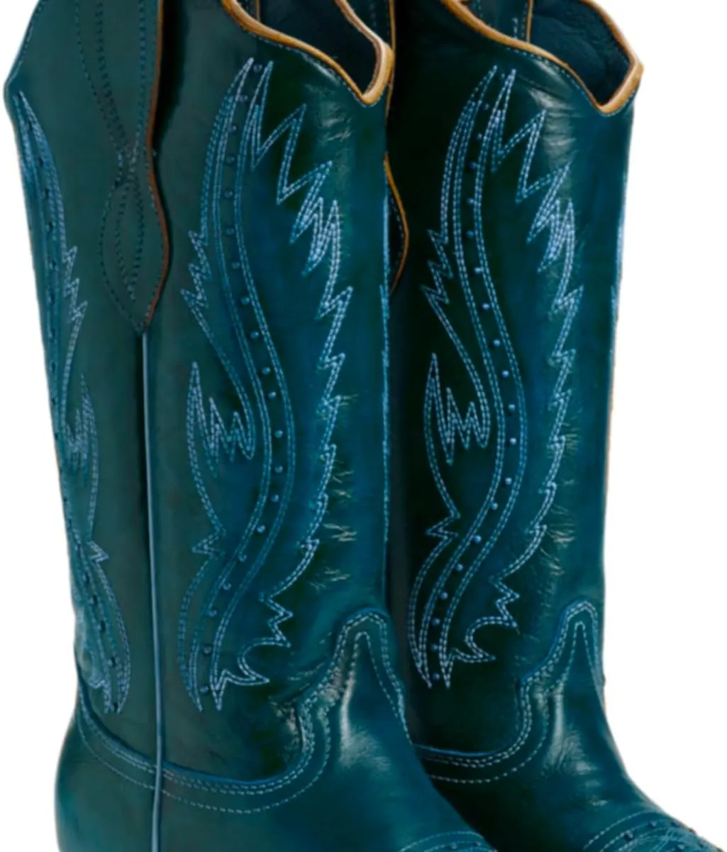 Women Vintage Embroidered Cowboy Boots Knee High Western Boots Chunky Stacked Heel Square Pointed Toe Mid Calf Cowgirl Boots Metallic Matte Pull On V Cut Fall Boot Exotic 4-11 M US